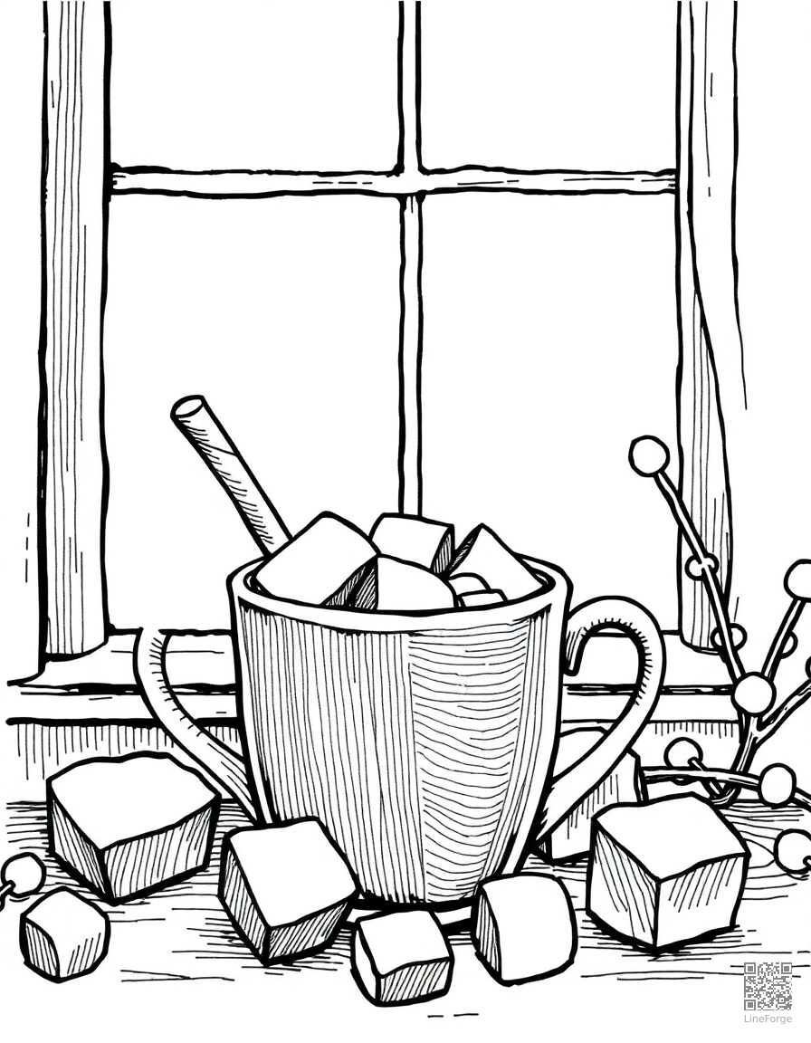 Free hot chocolate with marshmallows by a window coloring page in crosshatch style — printable line art