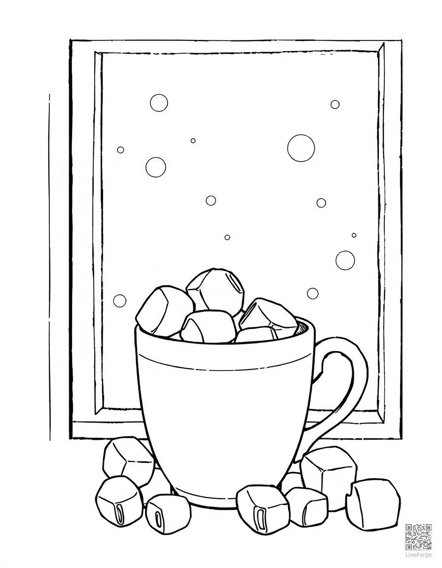 Free hot chocolate with marshmallows by a window coloring page in manga style — printable line art