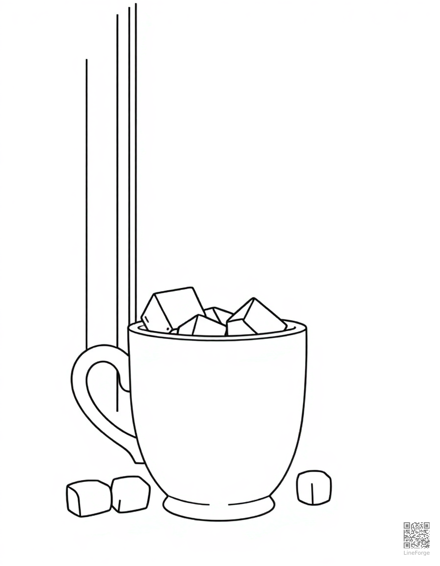 Free hot chocolate with marshmallows by a window coloring page in minimal style — printable line art