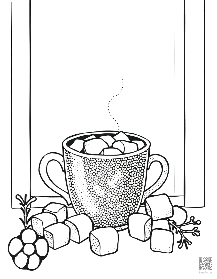 Free hot chocolate with marshmallows by a window coloring page in stipple style — printable line art