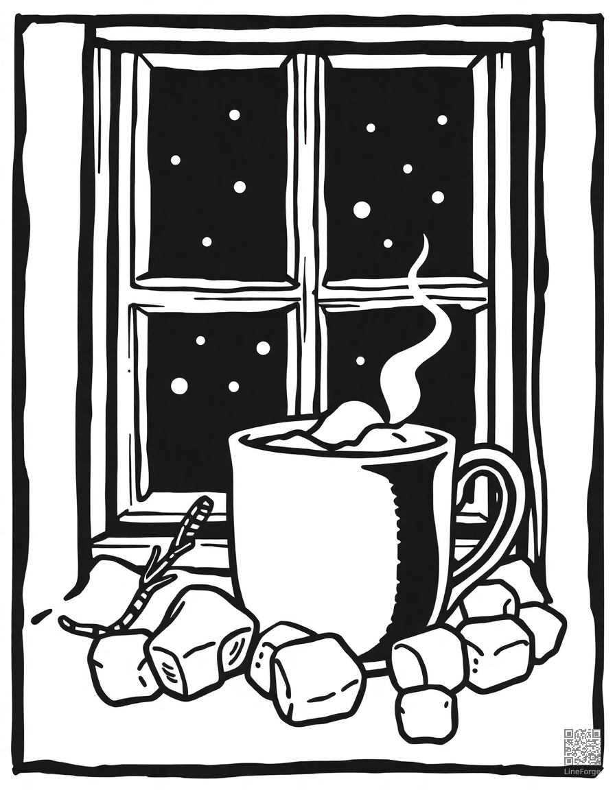 Free hot chocolate with marshmallows by a window coloring page in woodcut style — printable line art