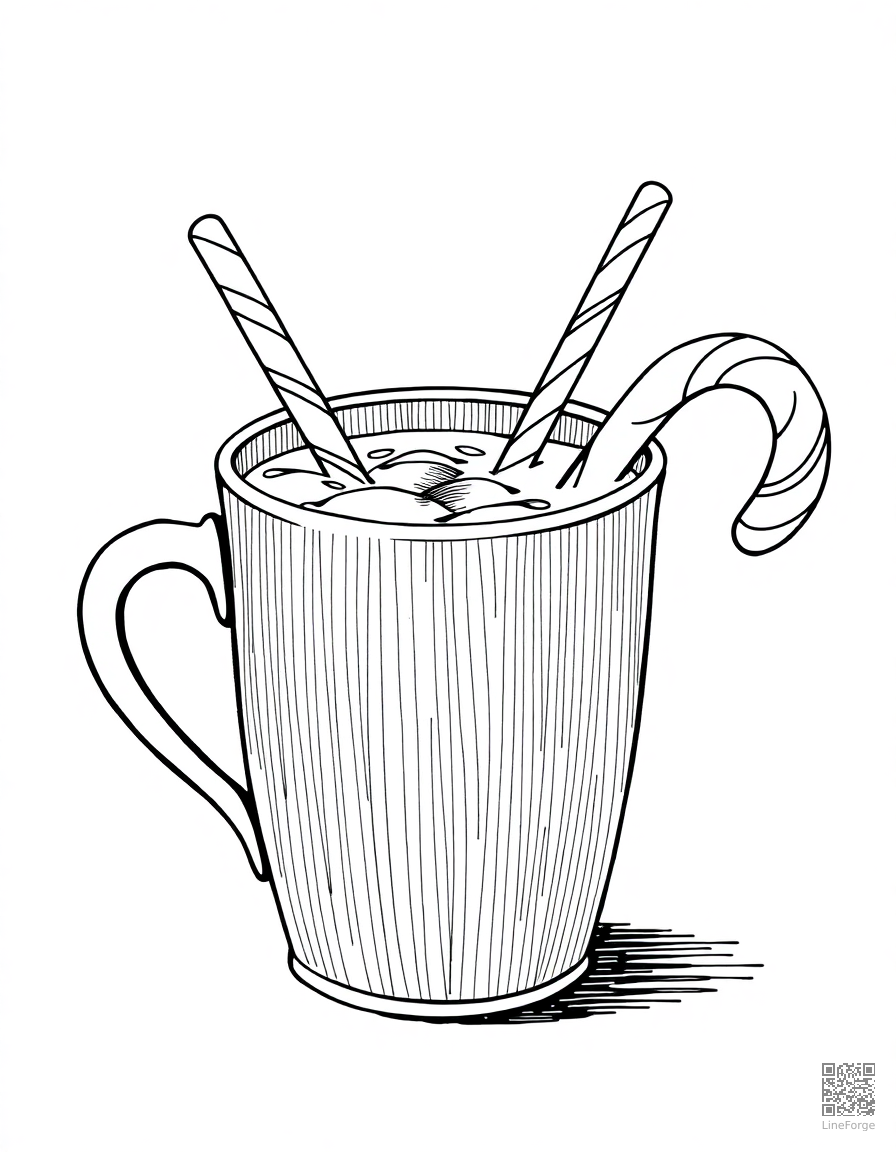 hot cocoa with candy cane stirrer coloring page Crosshatch style - free printable