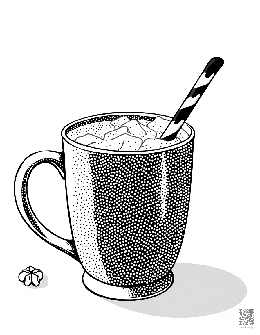 hot cocoa with candy cane stirrer coloring page Stipple style - free printable