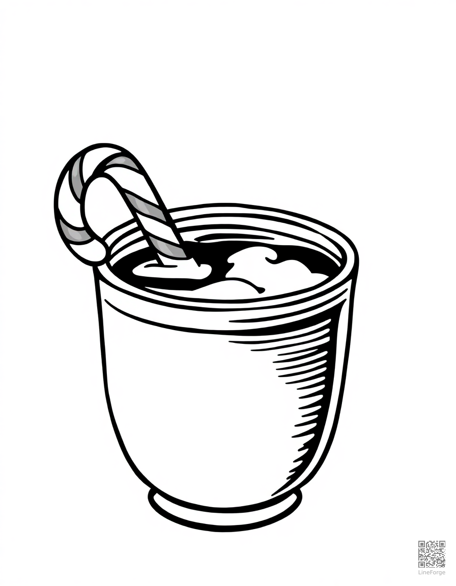 hot cocoa with candy cane stirrer coloring page Woodcut style - free printable