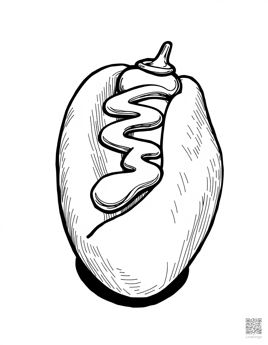 hot dog with mustard and ketchup coloring page Crosshatch style - free printable