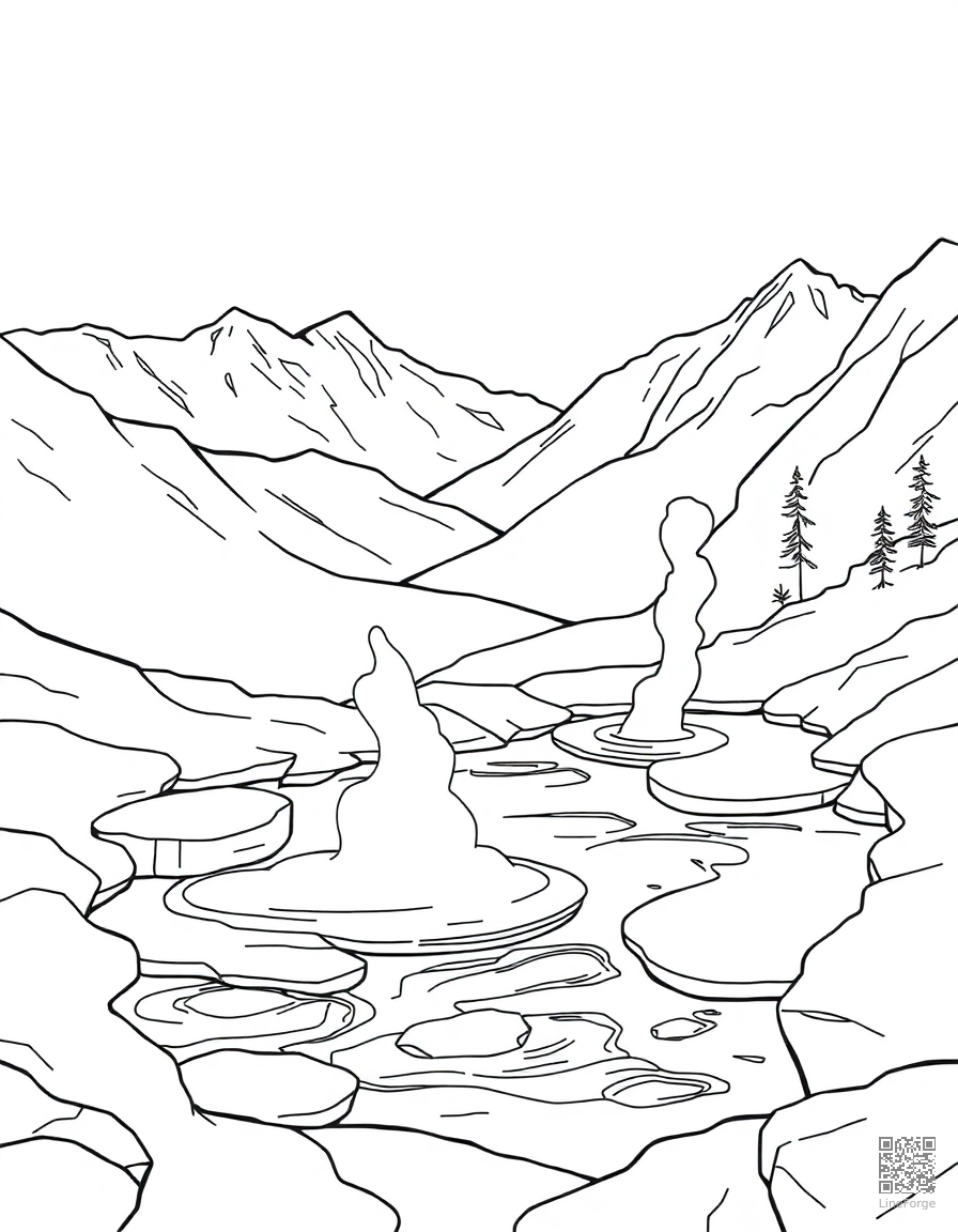 hot springs with steam in a mountain setting coloring page Contour style - free printable