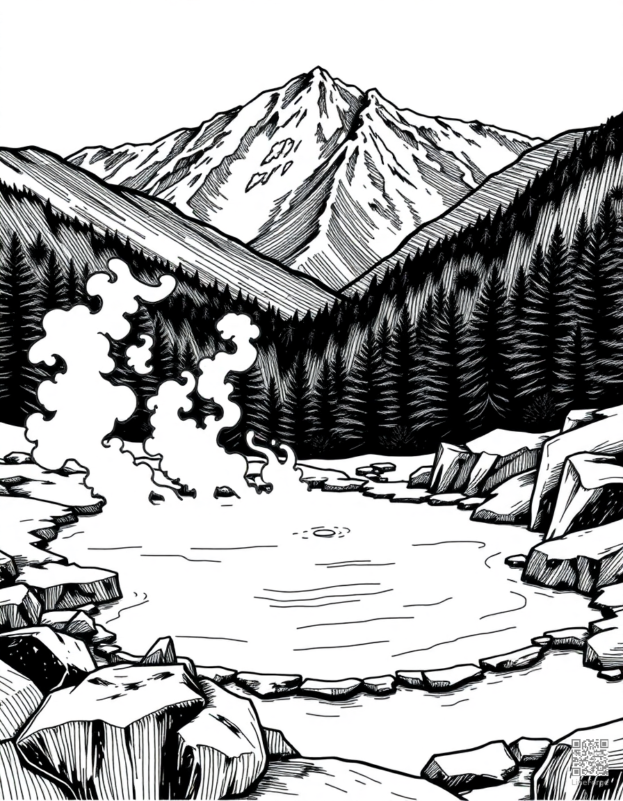 hot springs with steam in a mountain setting coloring page Crosshatch style - free printable