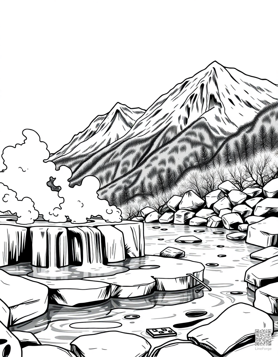 hot springs with steam in a mountain setting coloring page Manga style - free printable