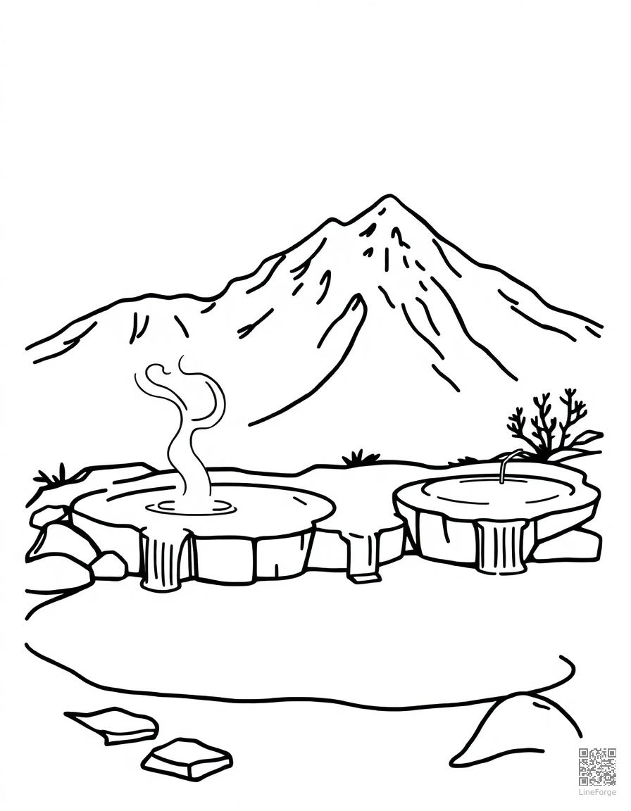 hot springs with steam in a mountain setting coloring page Minimal style - free printable