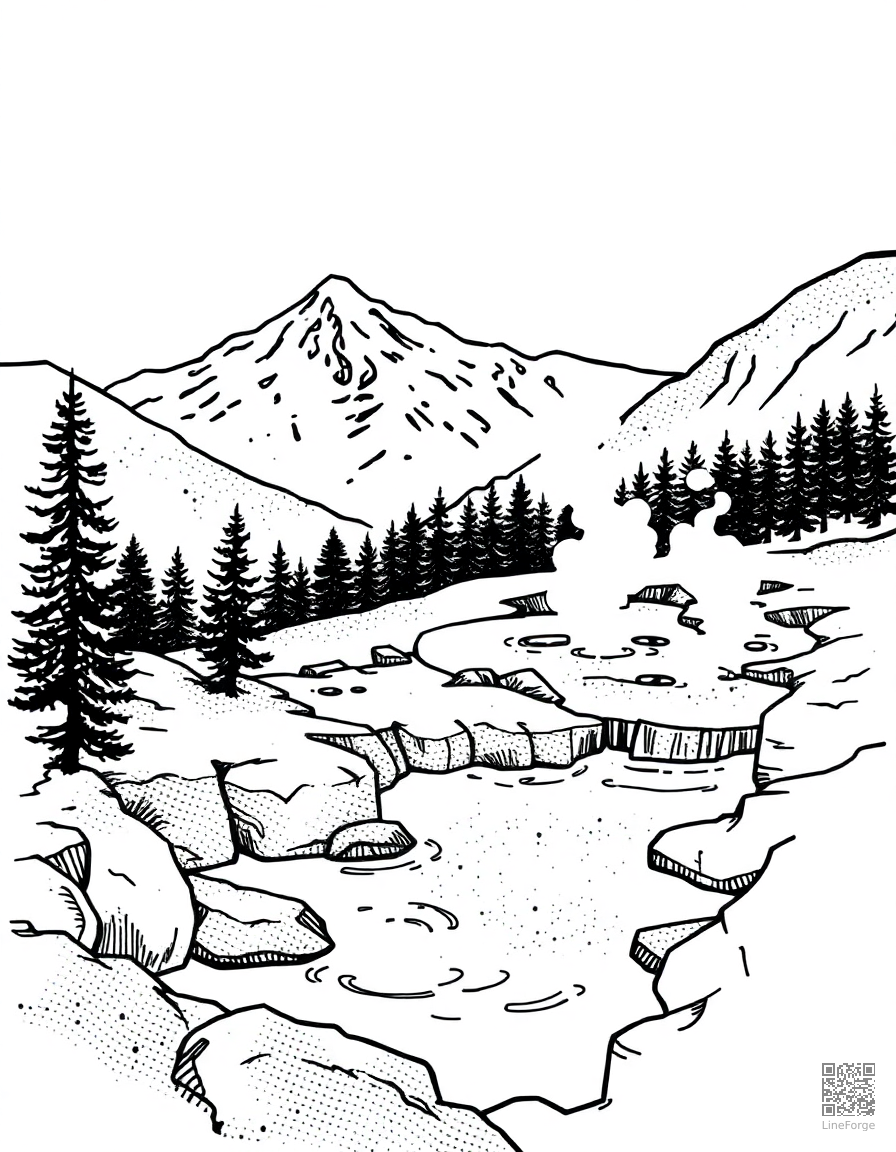 Free hot springs with steam in a mountain setting coloring page in stipple style — printable line art