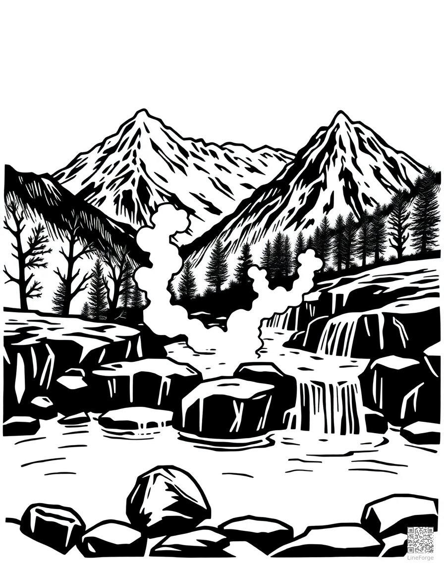 hot springs with steam in a mountain setting coloring page Woodcut style - free printable