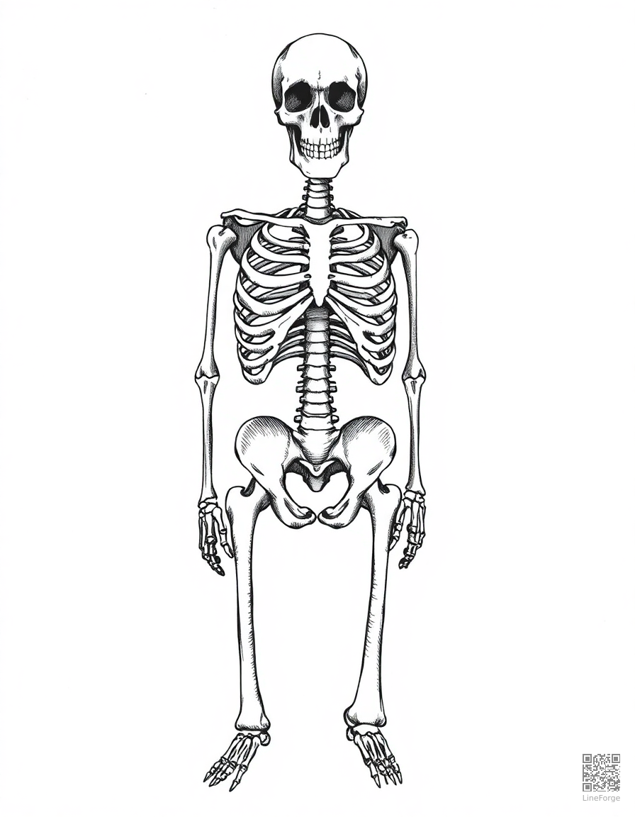 Human skeleton with bones coloring page Crosshatch style - free printable