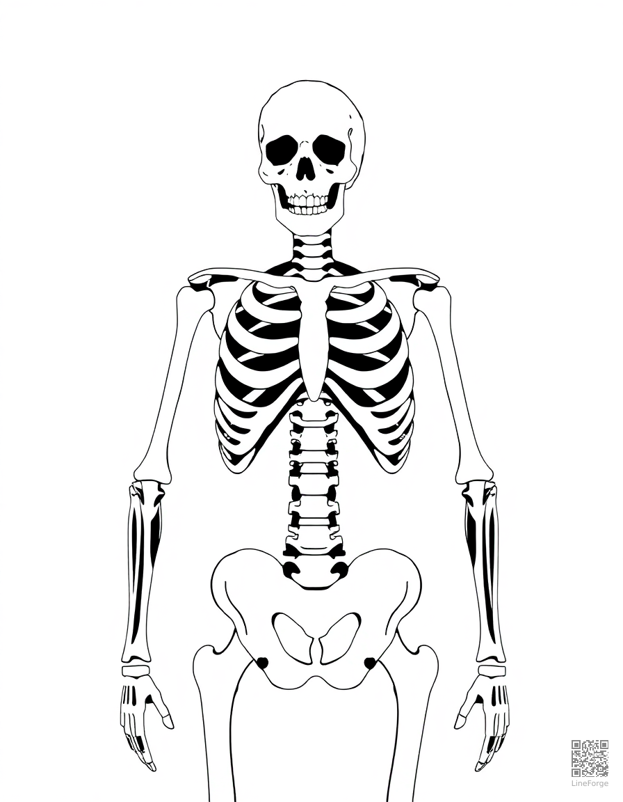 Human skeleton with bones coloring page Stipple style - free printable