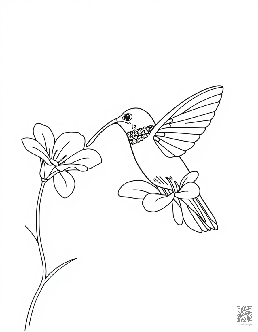 Hummingbird drinking from a flower coloring page Contour style - free printable