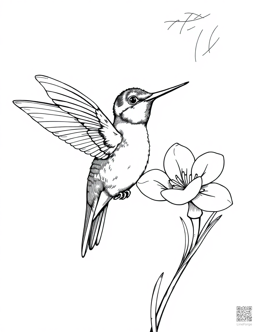 Hummingbird drinking from a flower coloring page Crosshatch style - free printable