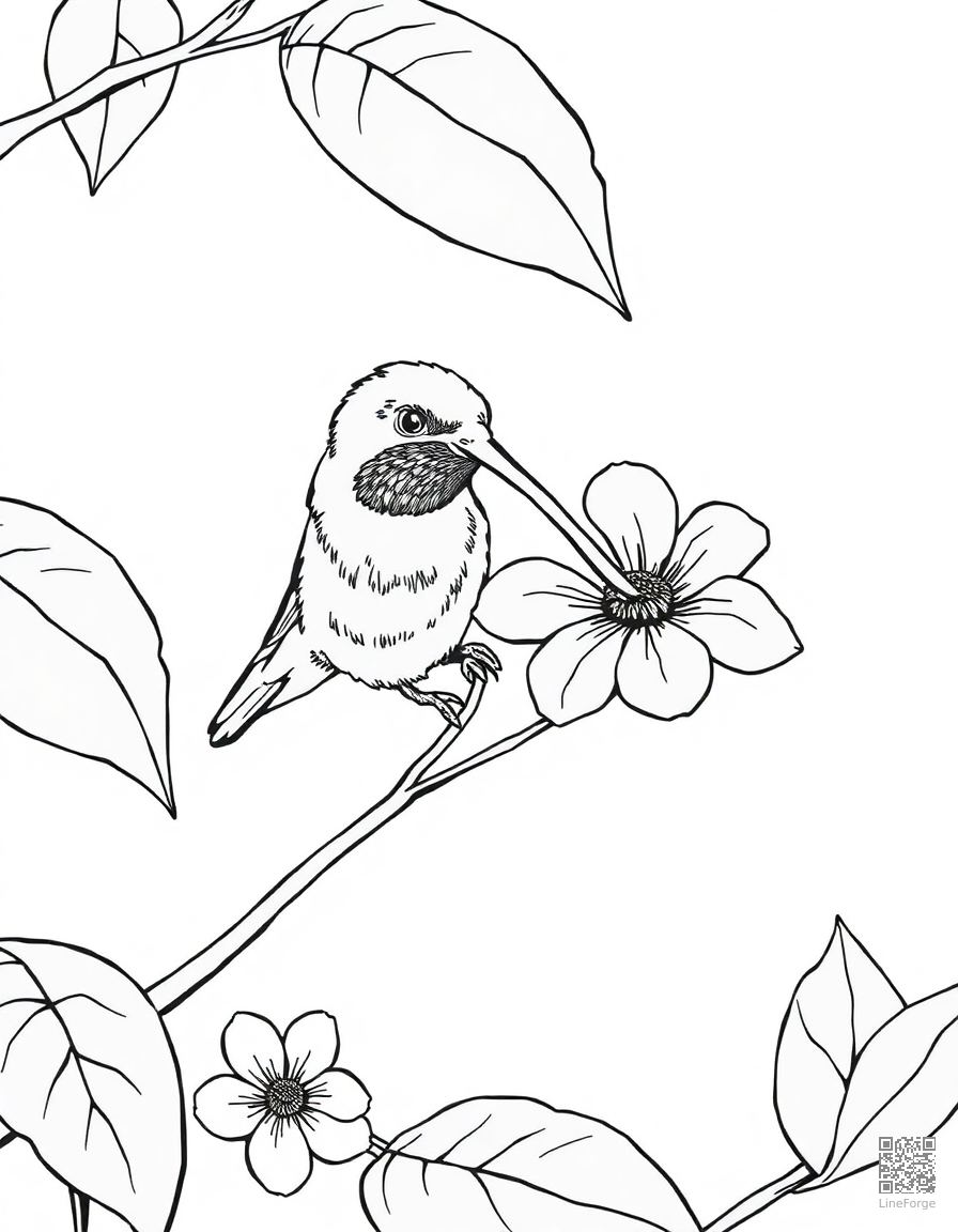 Hummingbird drinking from a flower coloring page Manga style - free printable