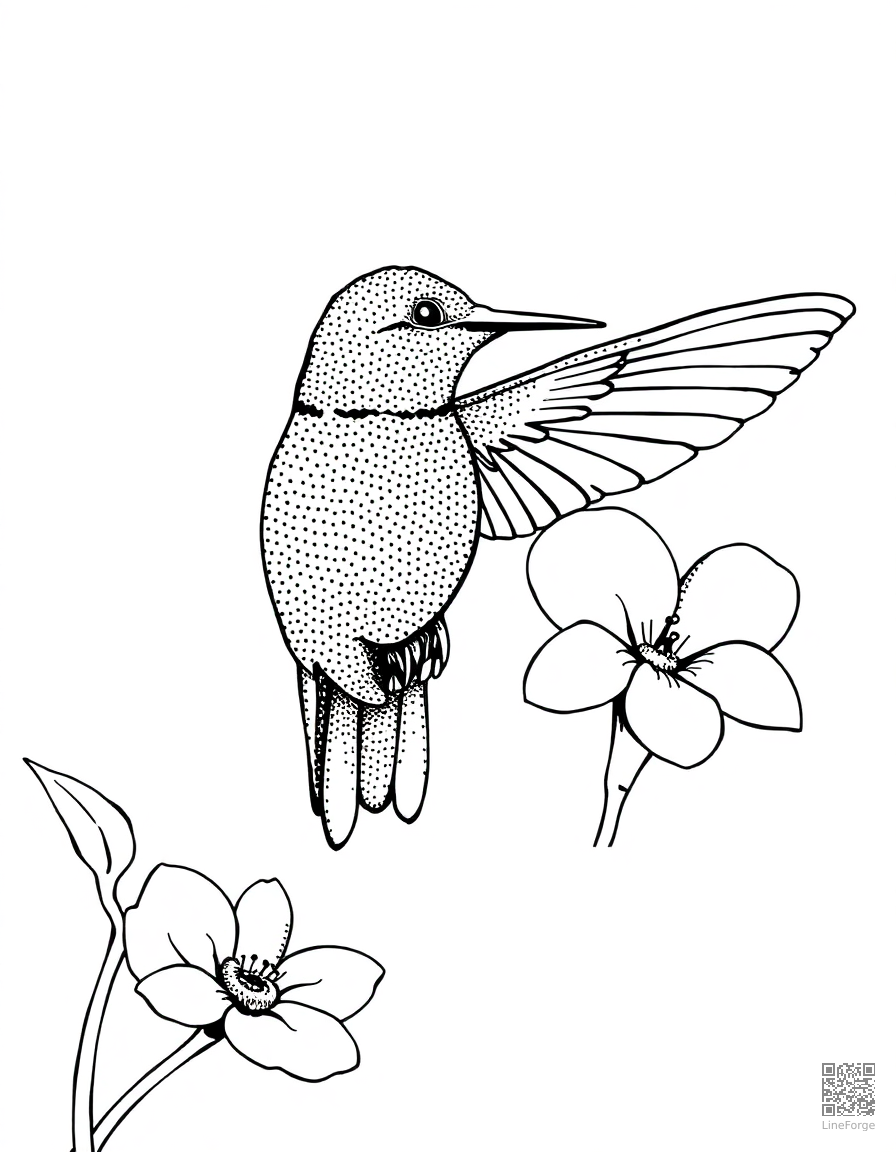 Hummingbird drinking from a flower coloring page Stipple style - free printable