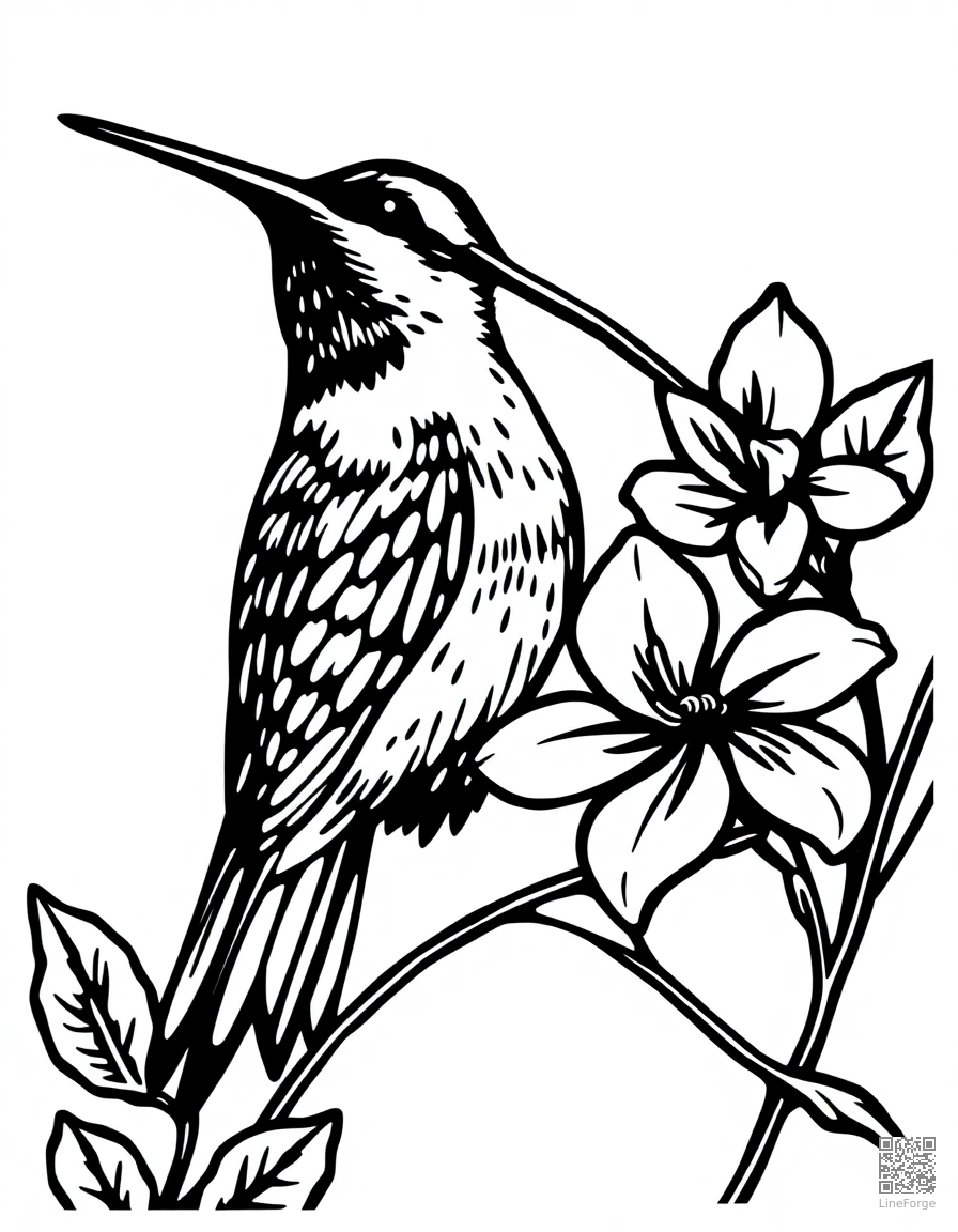 Hummingbird drinking from a flower coloring page Woodcut style - free printable