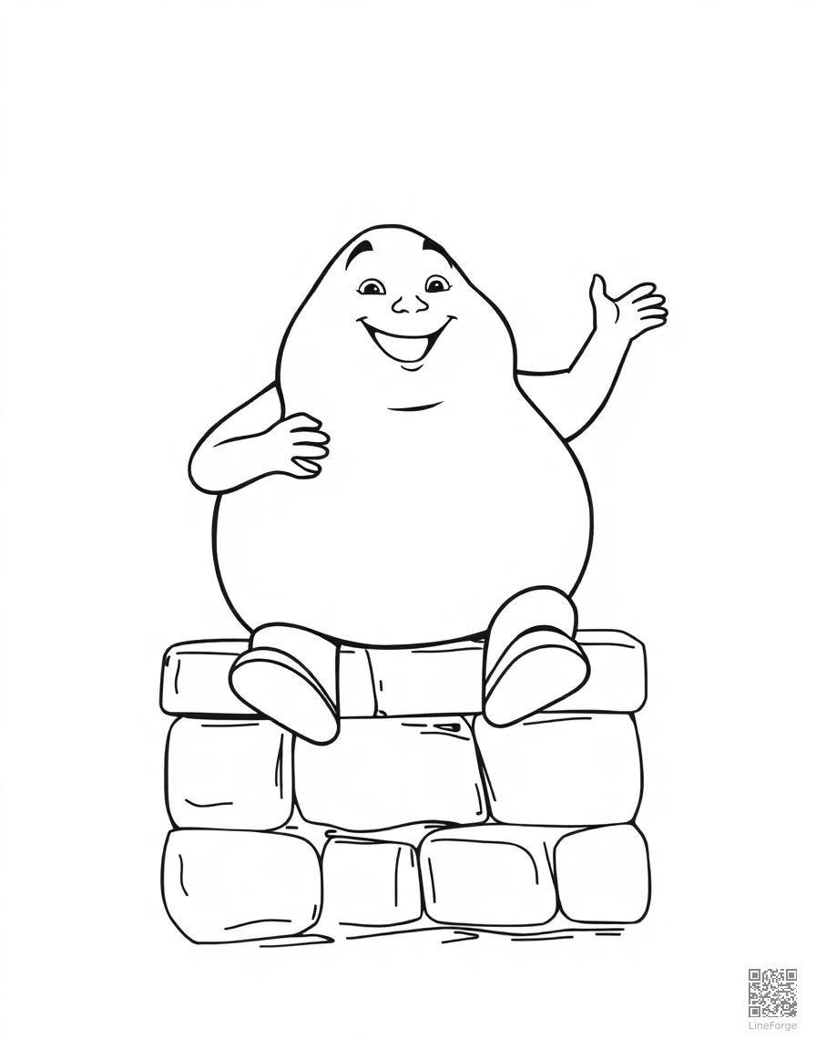 Free humpty dumpty sitting on a wall coloring page in contour style — printable line art