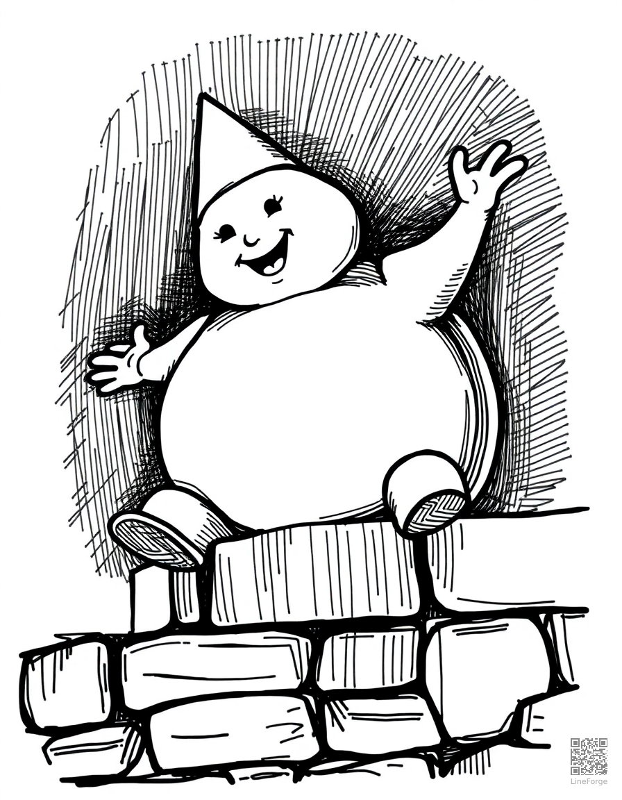 Free humpty dumpty sitting on a wall coloring page in crosshatch style — printable line art