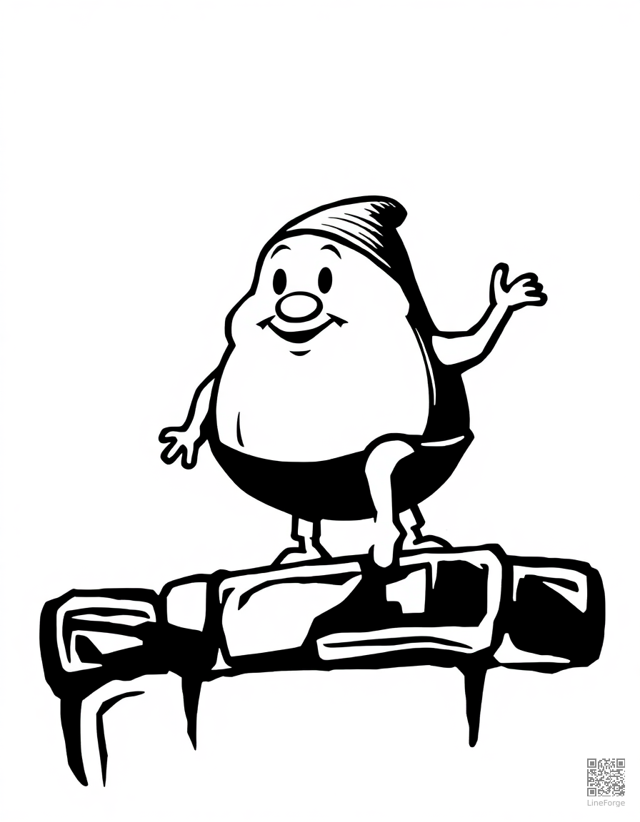 Free humpty dumpty sitting on a wall coloring page in woodcut style — printable line art