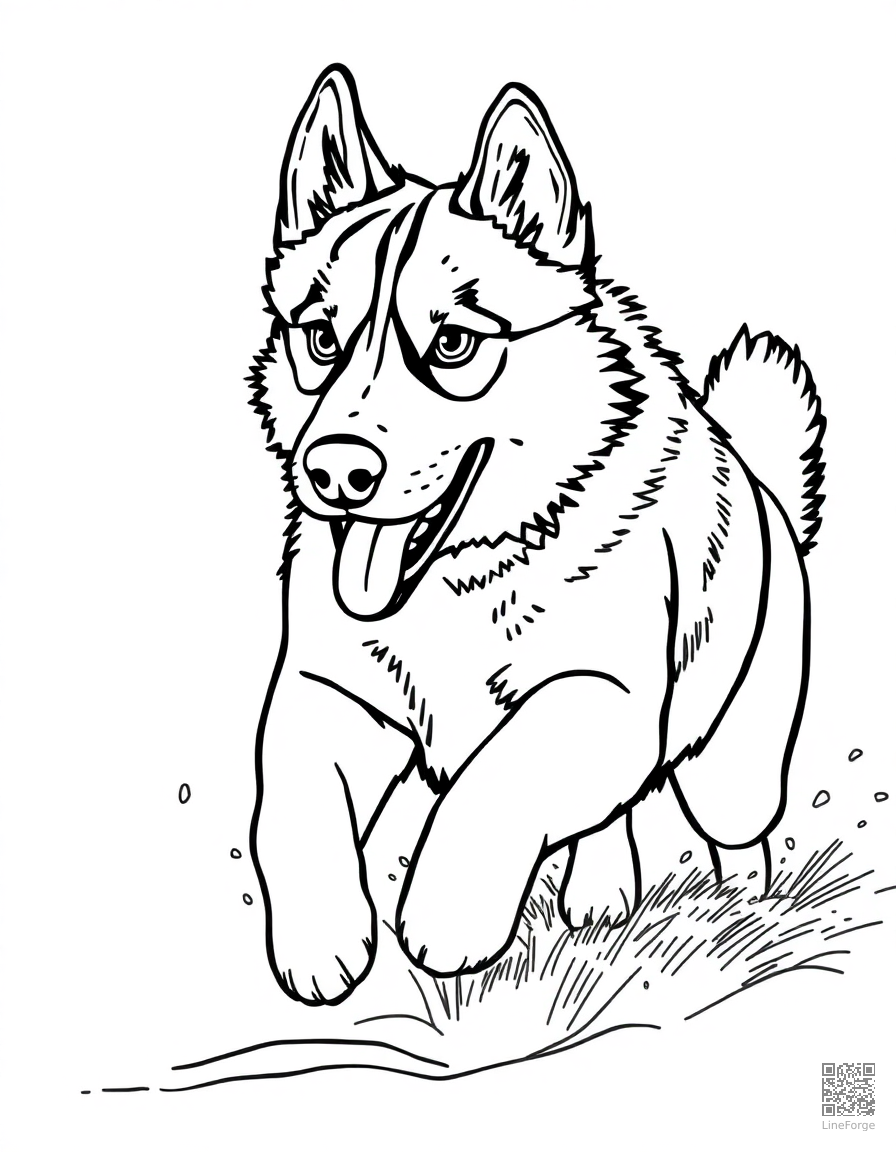 husky running through fresh snow coloring page Contour style - free printable