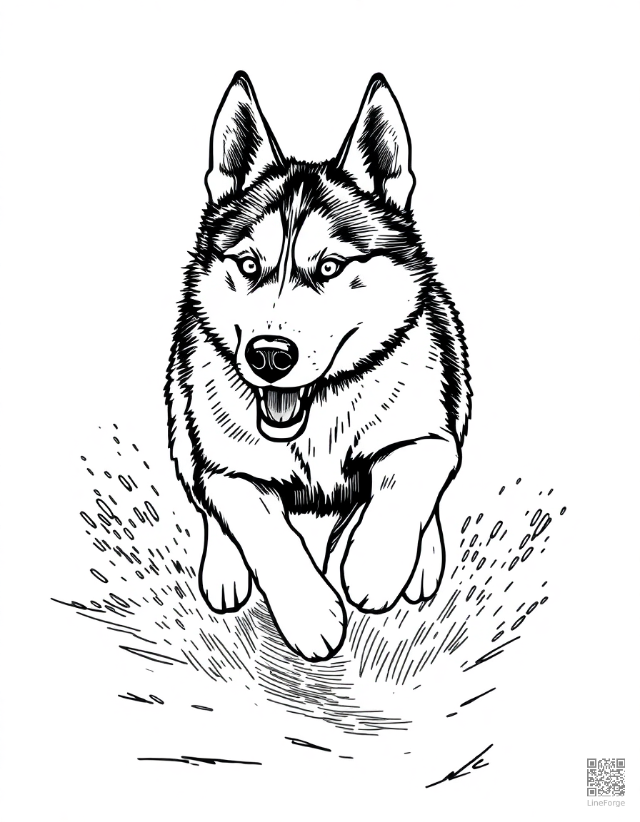 husky running through fresh snow coloring page Crosshatch style - free printable