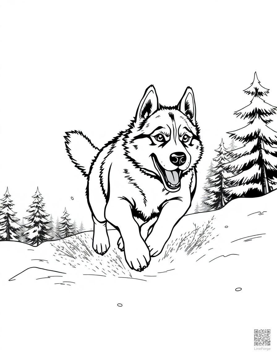 husky running through fresh snow coloring page Manga style - free printable