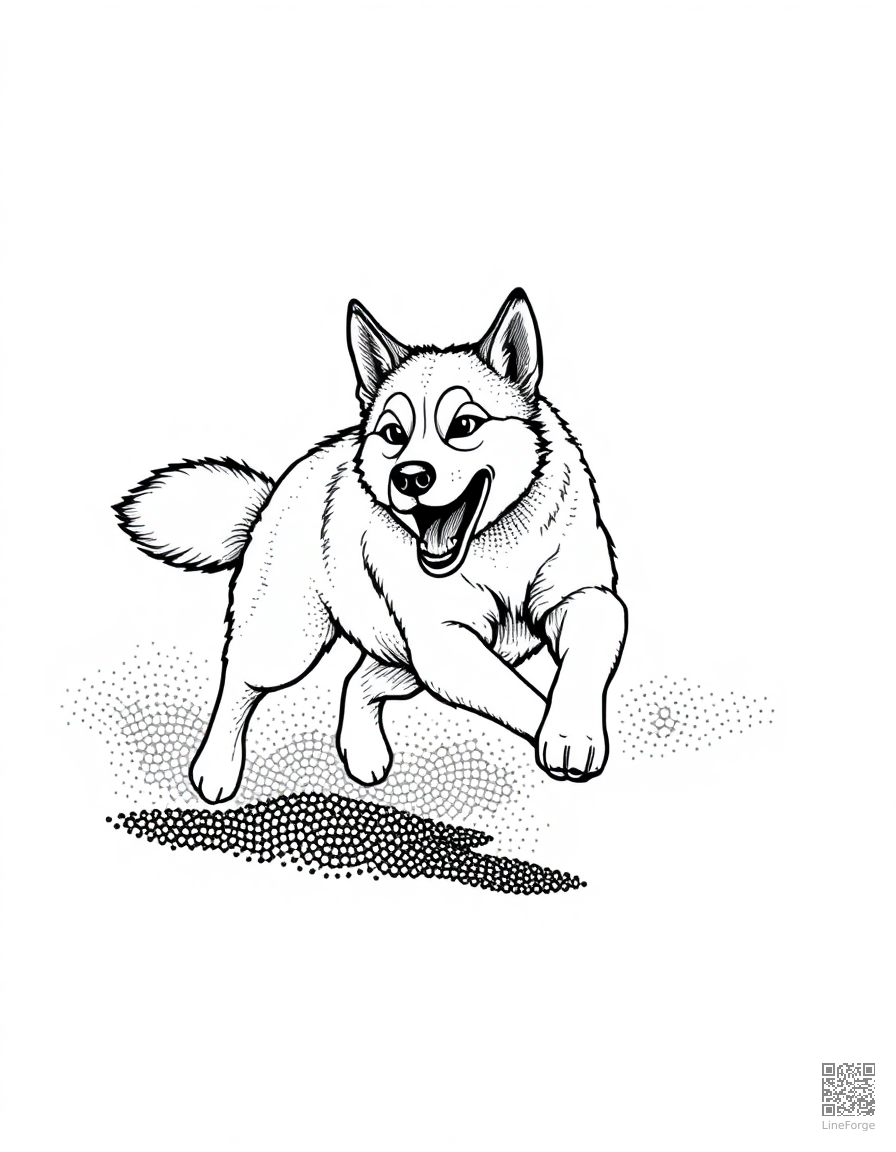 husky running through fresh snow coloring page Stipple style - free printable