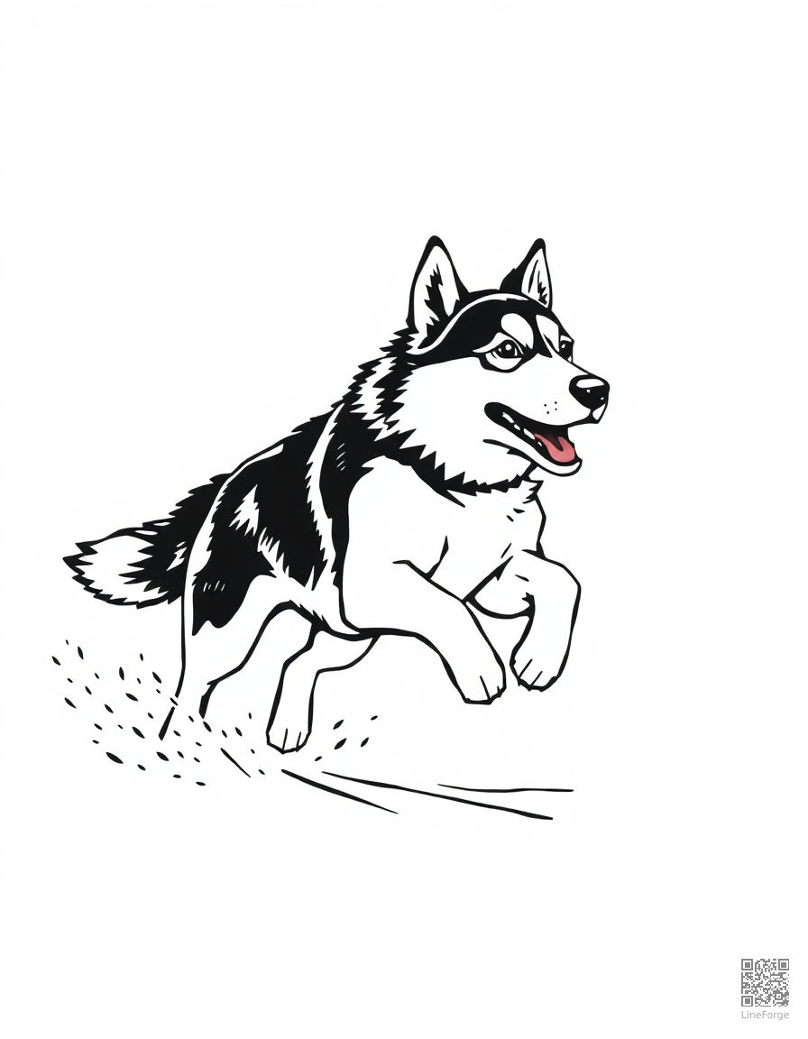 husky running through fresh snow coloring page Woodcut style - free printable