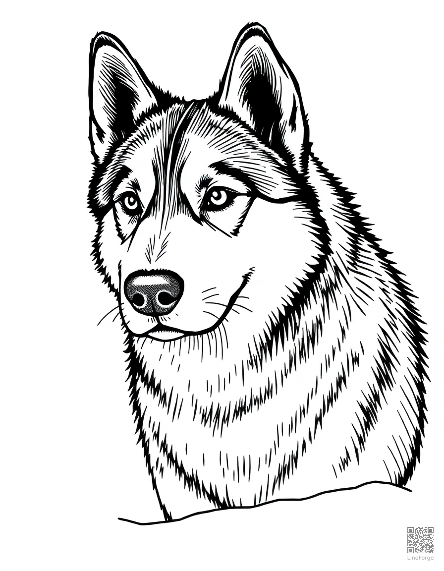 Husky with bright eyes in the snow coloring page Crosshatch style - free printable