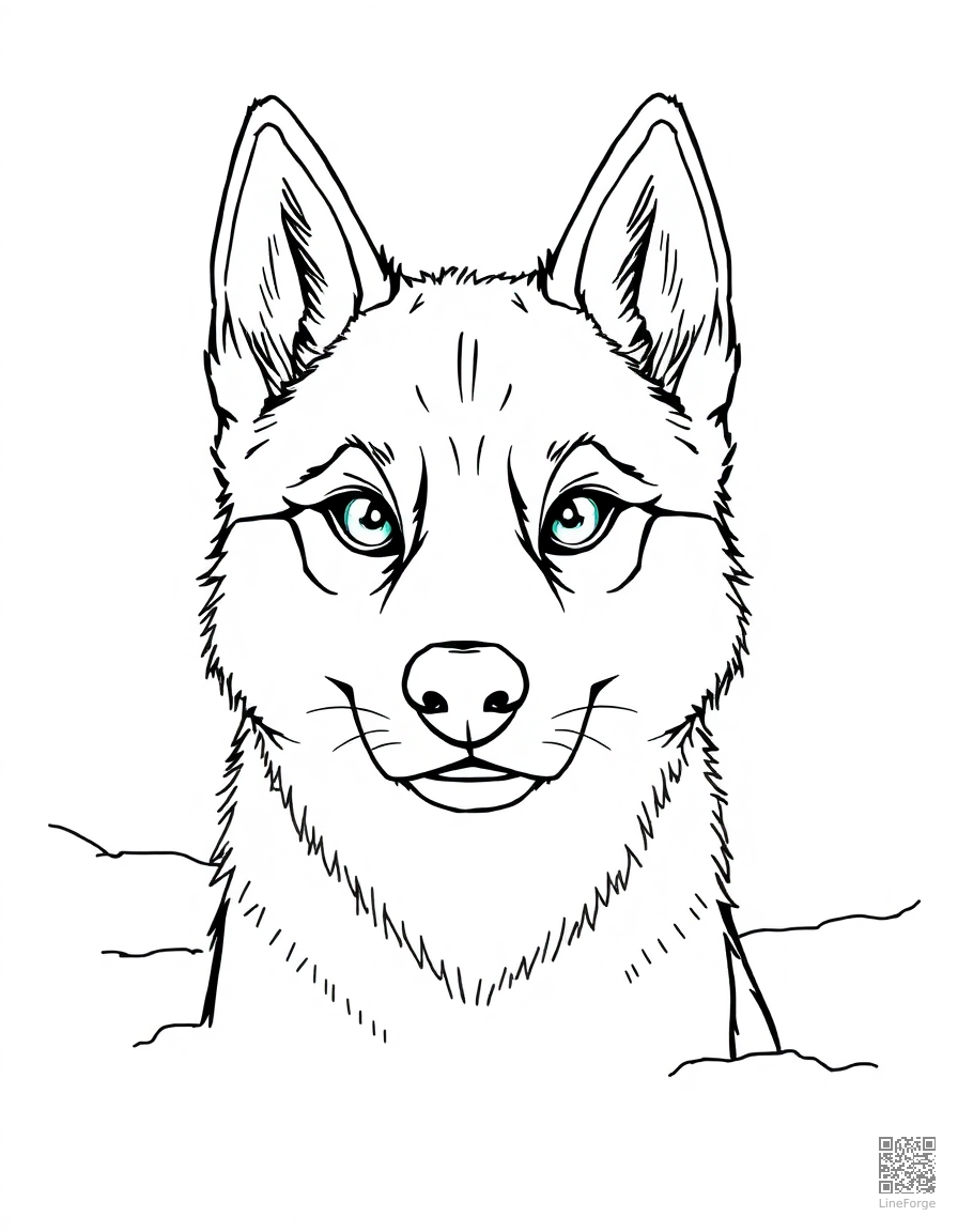 Husky with bright eyes in the snow coloring page Manga style - free printable