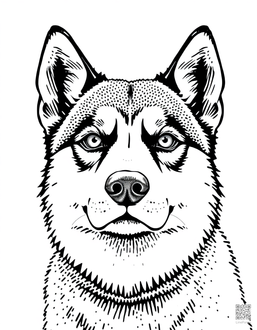 Husky with bright eyes in the snow coloring page Stipple style - free printable