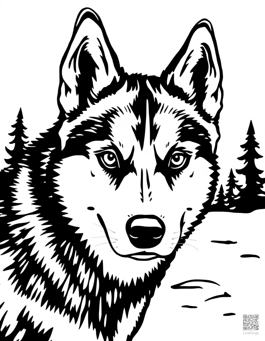 Husky with bright eyes in the snow coloring page Woodcut style - free printable