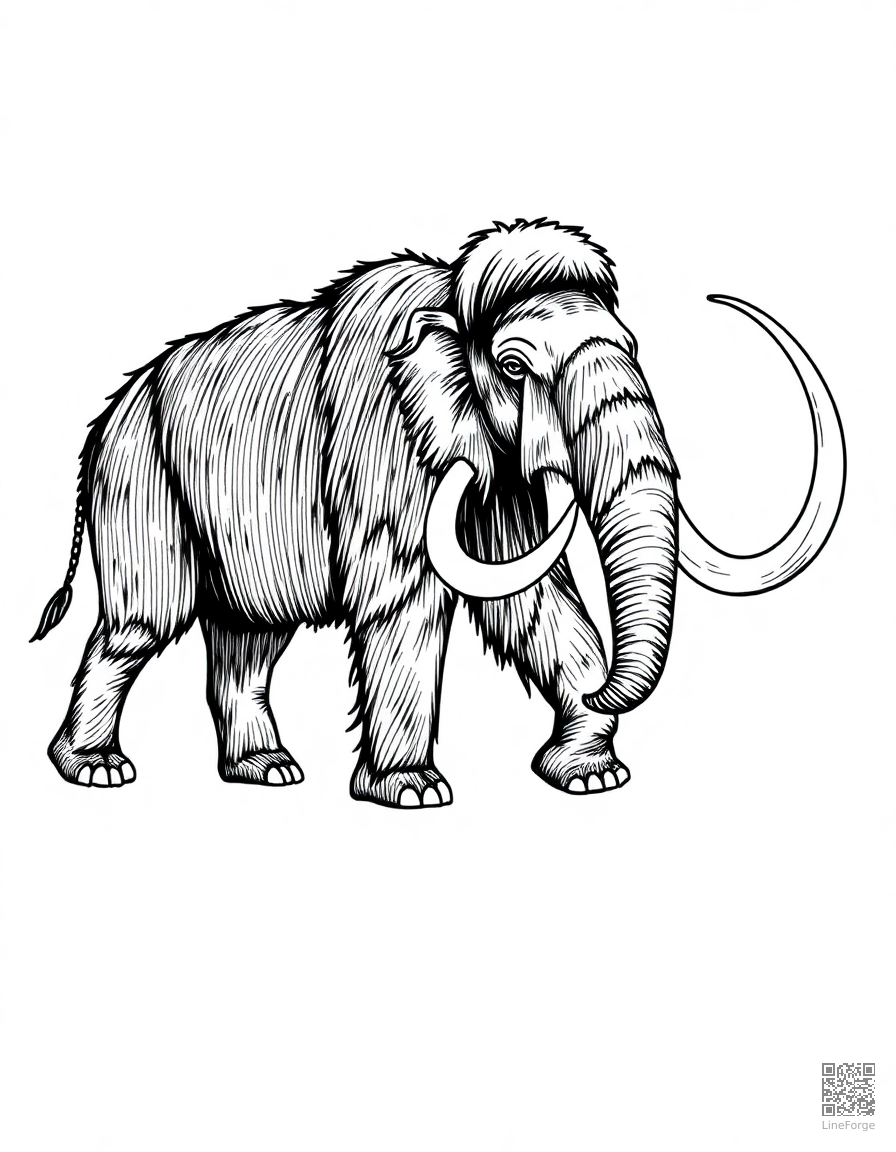ice age mammoth walking through snow coloring page Crosshatch style - free printable