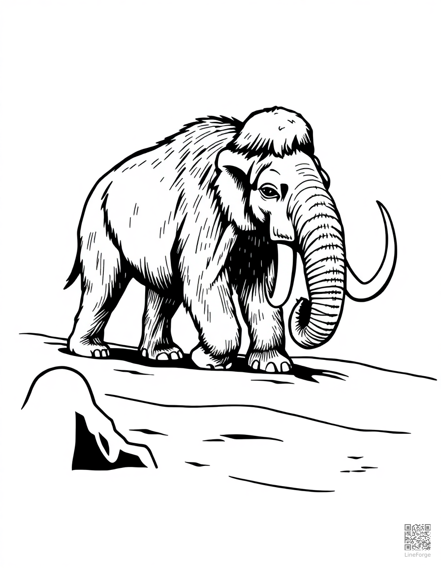ice age mammoth walking through snow coloring page Woodcut style - free printable