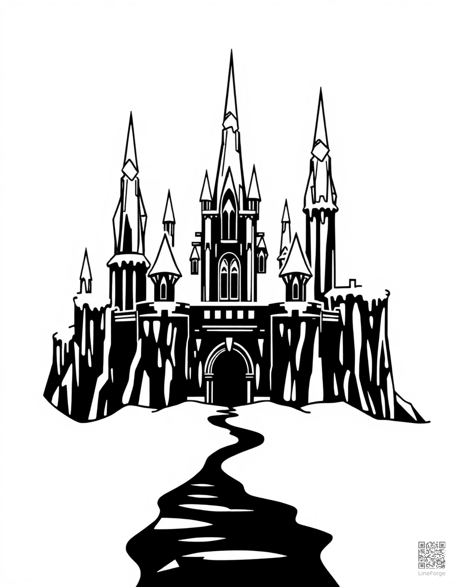 ice castle with crystal towers coloring page Woodcut style - free printable