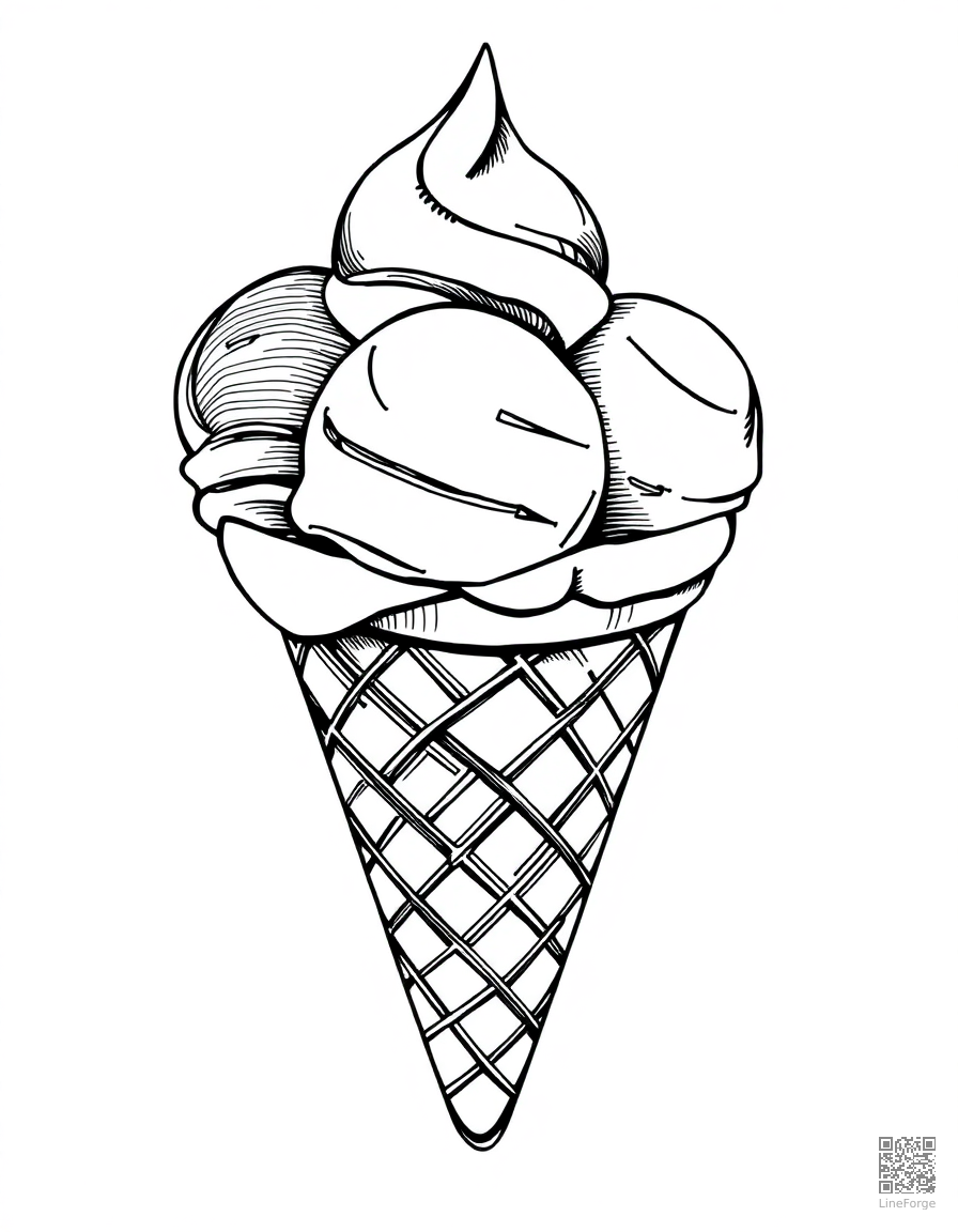 ice cream cone with three scoops coloring page Crosshatch style - free printable