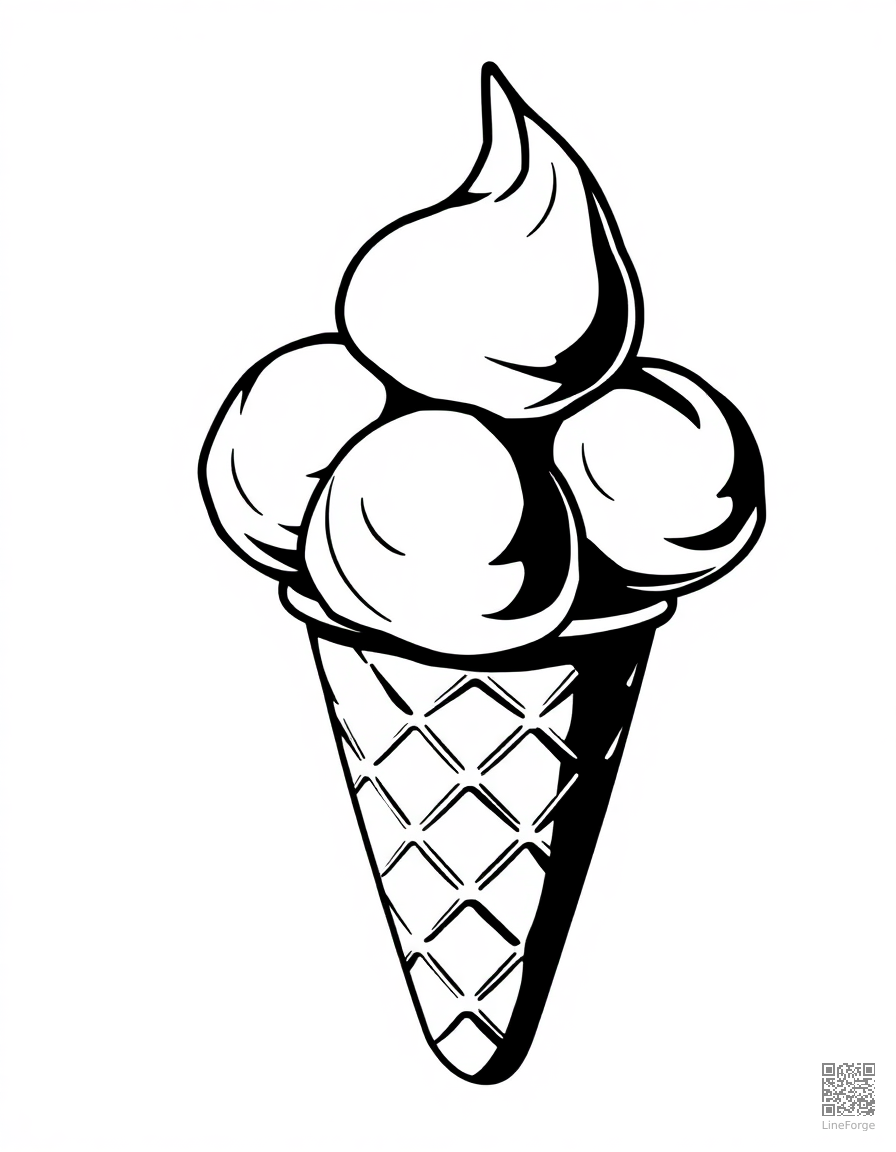 ice cream cone with three scoops coloring page Woodcut style - free printable