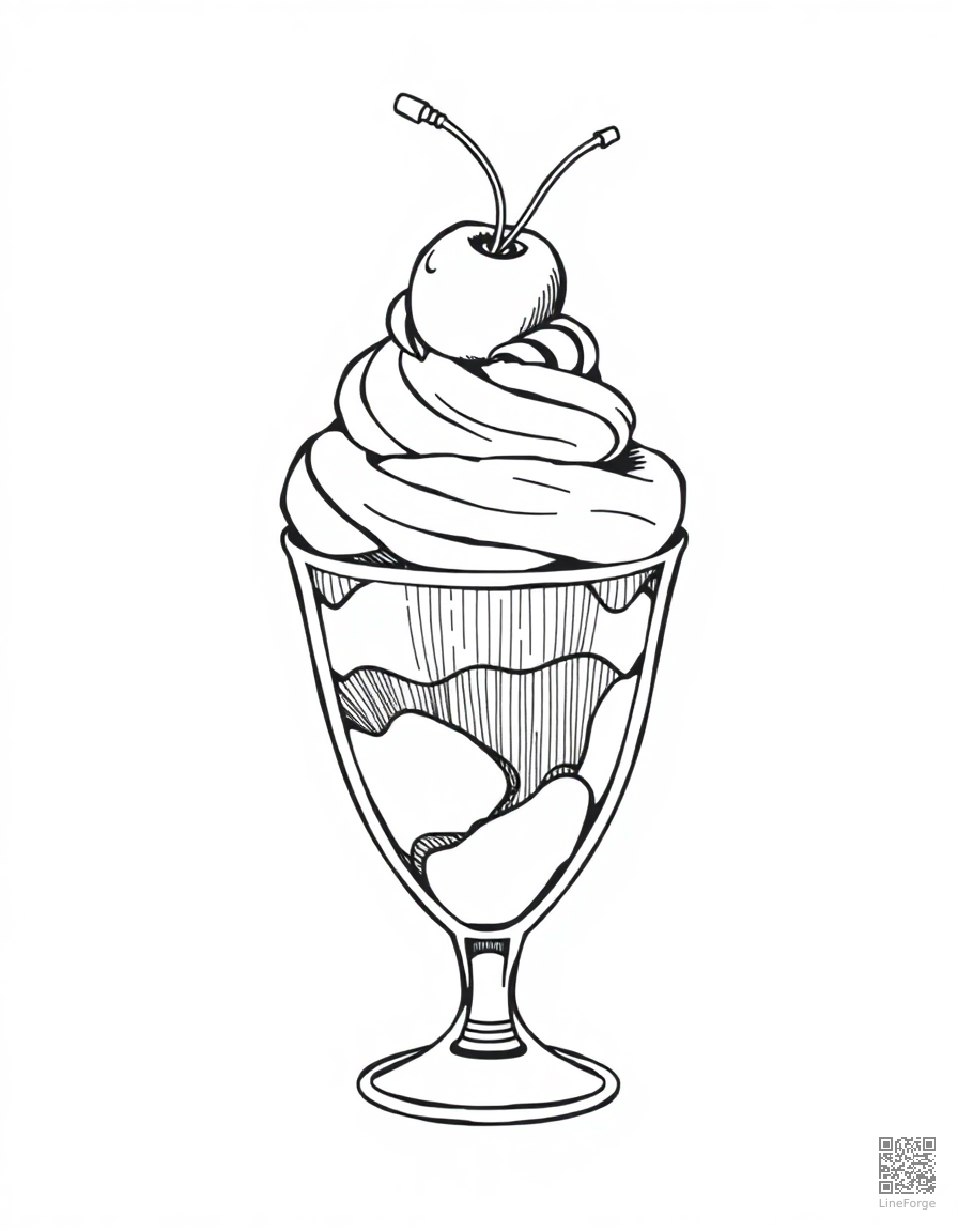 Ice cream sundae with a cherry on top coloring page Crosshatch style - free printable
