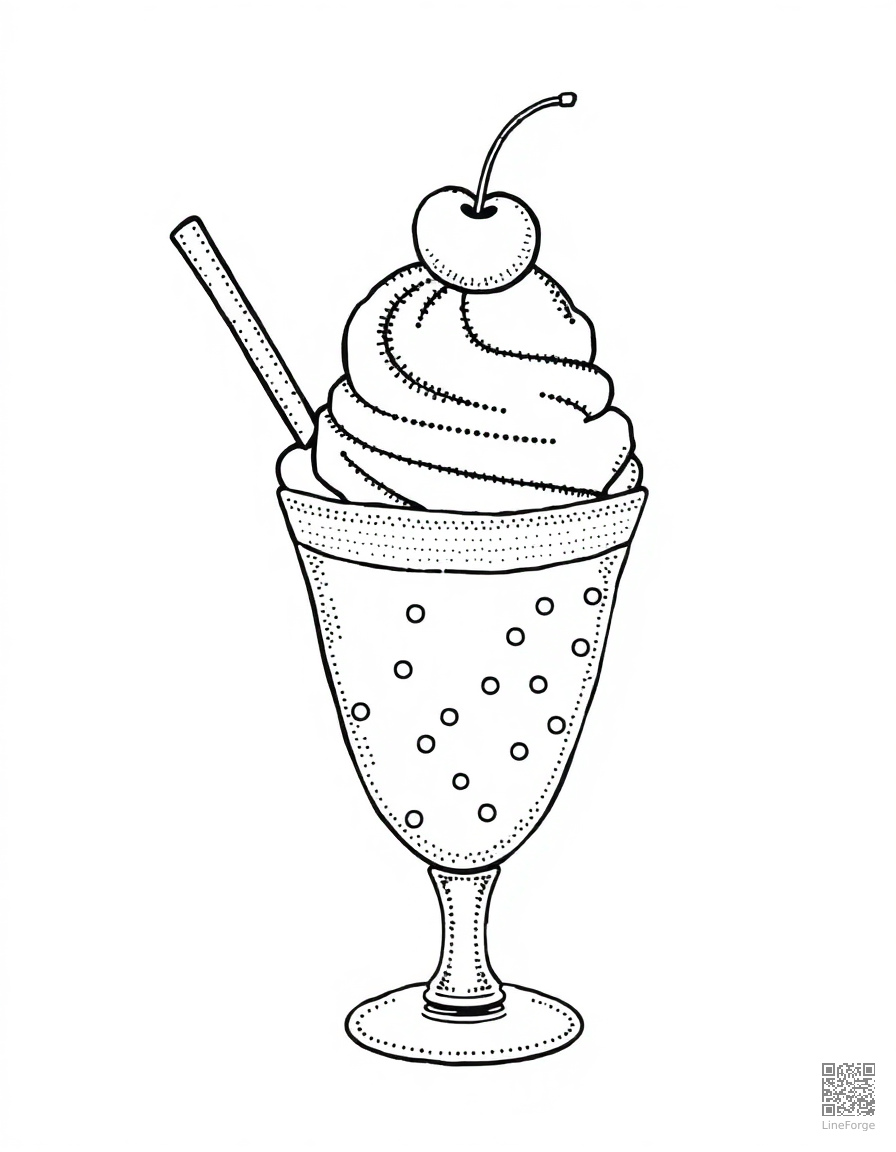Ice cream sundae with a cherry on top coloring page Stipple style - free printable