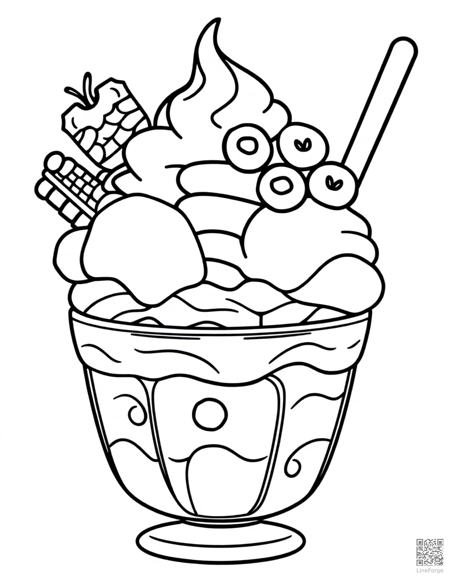 ice cream sundae with all the toppings coloring page Contour style - free printable