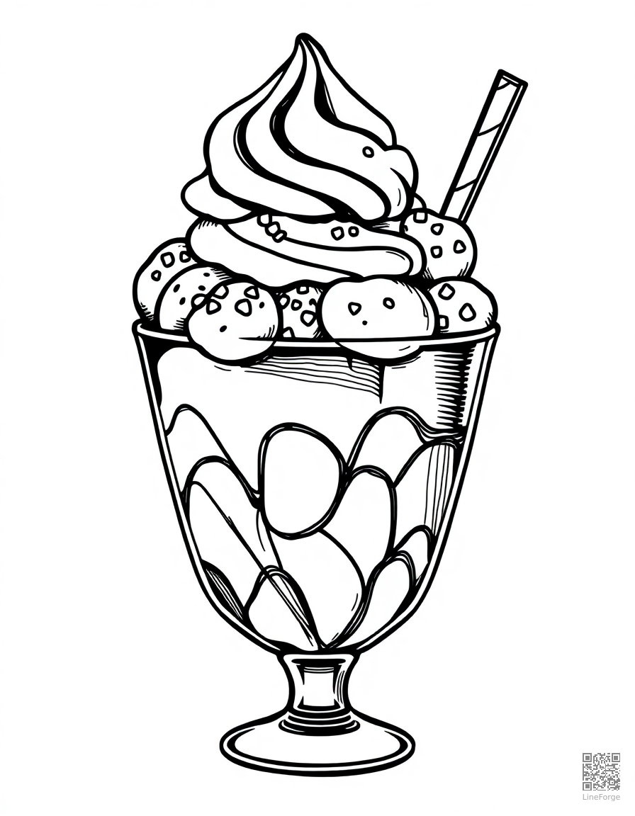ice cream sundae with all the toppings coloring page Crosshatch style - free printable
