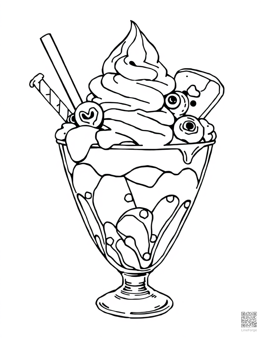 ice cream sundae with all the toppings coloring page Manga style - free printable