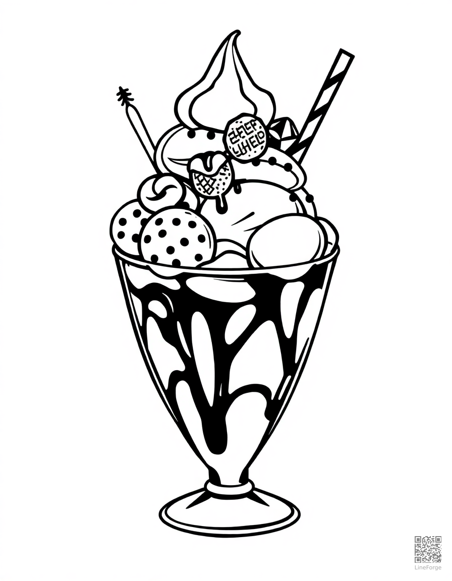 ice cream sundae with all the toppings coloring page Woodcut style - free printable