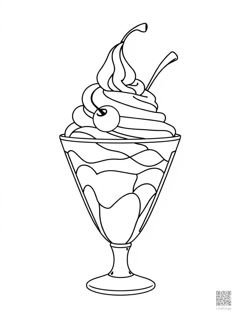 Ice cream sundae with whipped cream and cherries coloring page Contour style - free printable