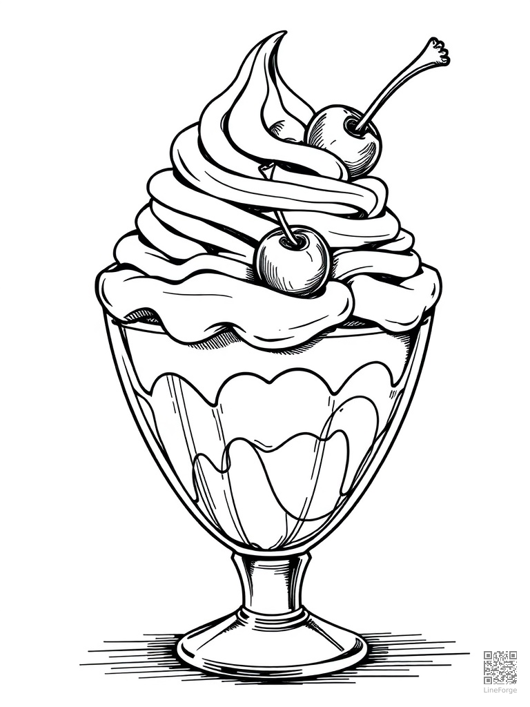 Ice cream sundae with whipped cream and cherries coloring page Crosshatch style - free printable