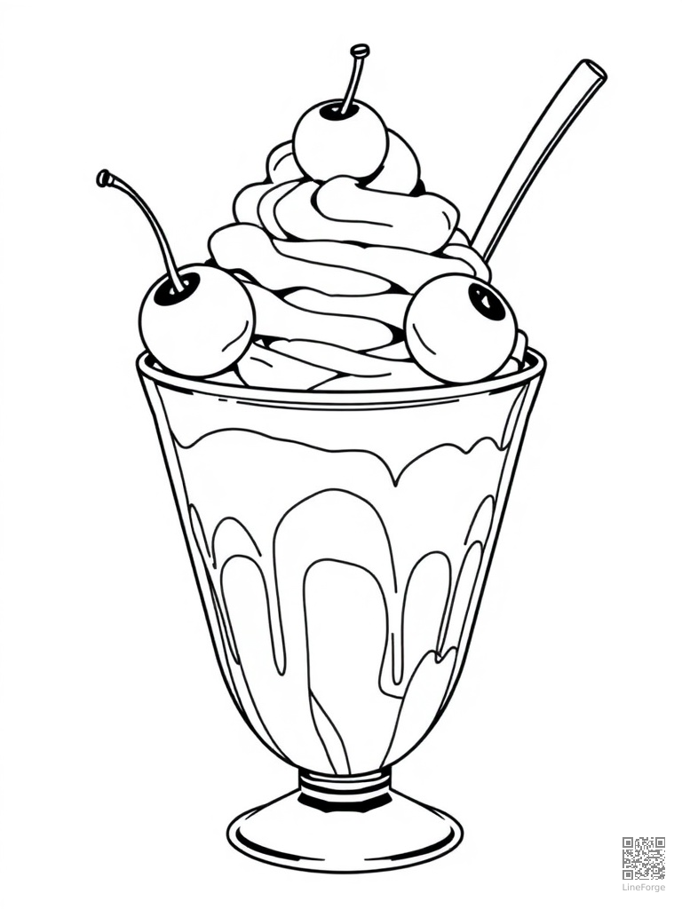 Ice cream sundae with whipped cream and cherries coloring page Manga style - free printable