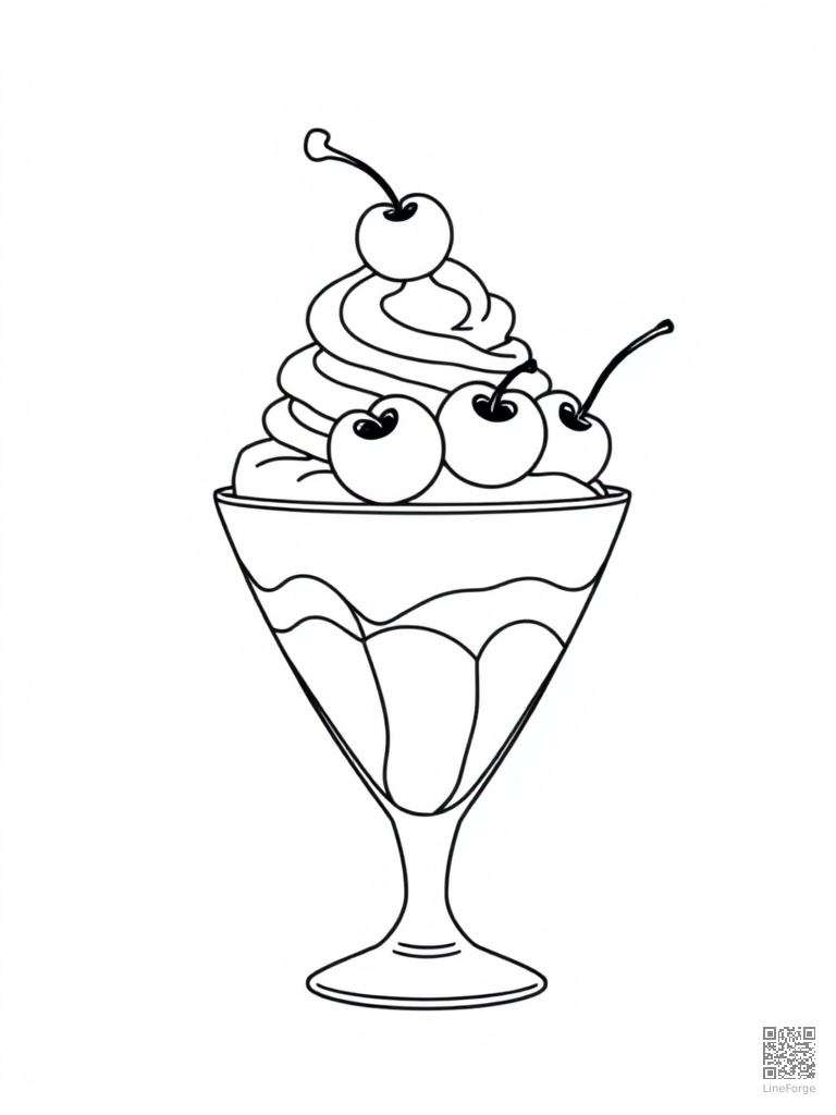 Ice cream sundae with whipped cream and cherries coloring page Minimal style - free printable