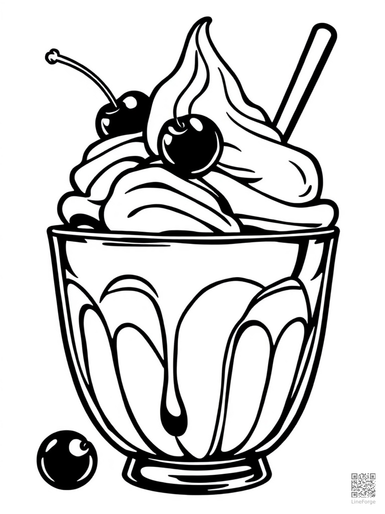 Ice cream sundae with whipped cream and cherries coloring page Woodcut style - free printable
